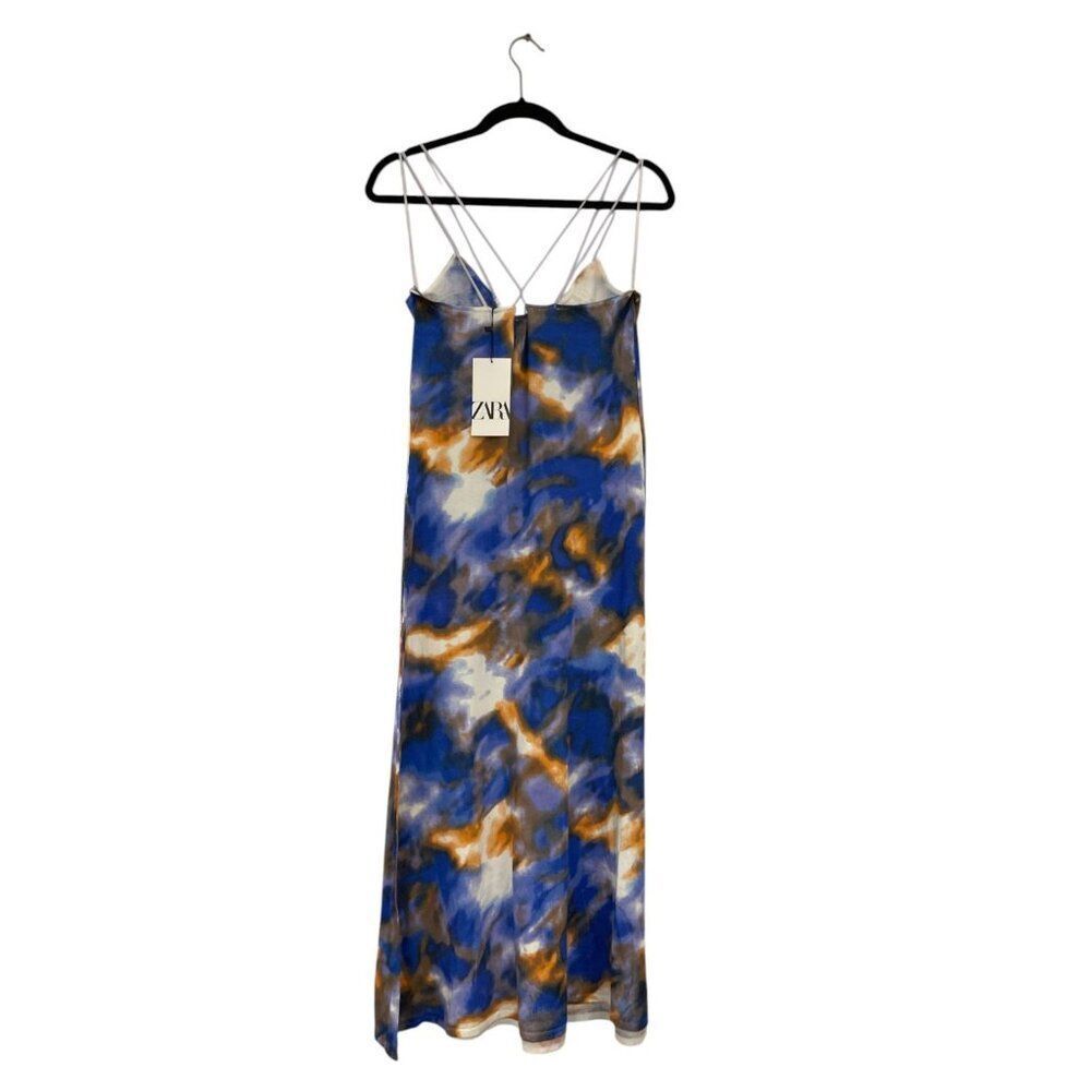 Zara Womens Dress XL Tie Dye Printed Midi Blue Gold Sleeveless 9874/001 NWT - Picture 3 of 13
